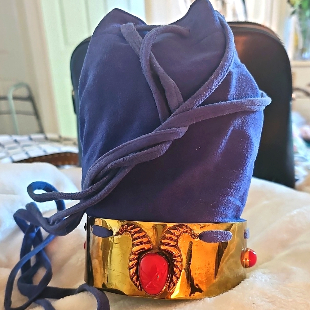 Vintage Blue Suede Ram Horns Cabochon Shoulder Bag